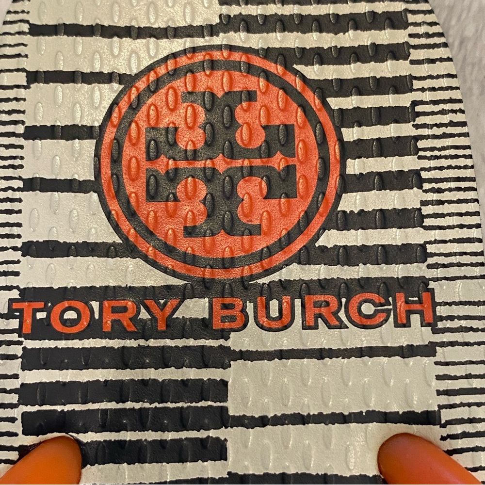 Tory Burch Thin Flat Thong Flip-Flops Flip Flops Sandals Orange Navy Size 8M EUC - Picture 8 of 11